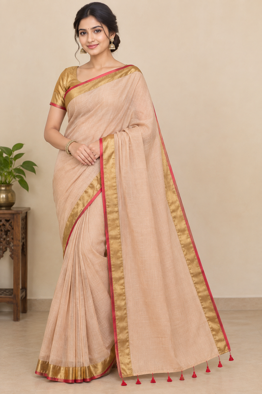 Peach Beige Cotton Saree with Golden Zari Border & Red Tassel Detailing
