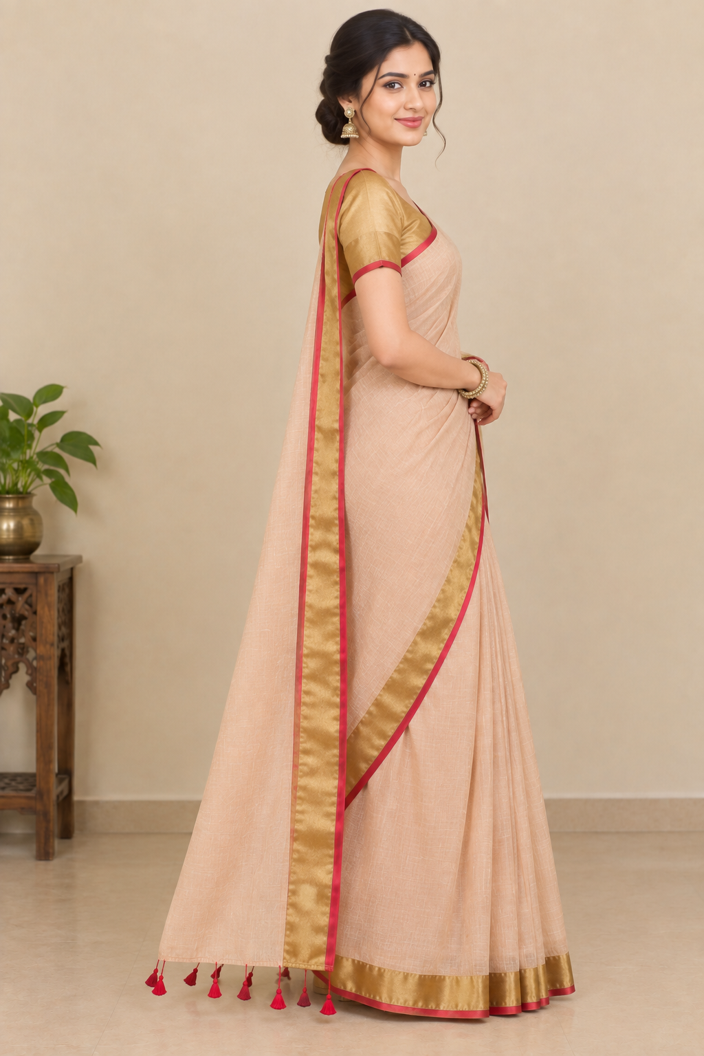 Peach Beige Cotton Saree with Golden Zari Border & Red Tassel Detailing