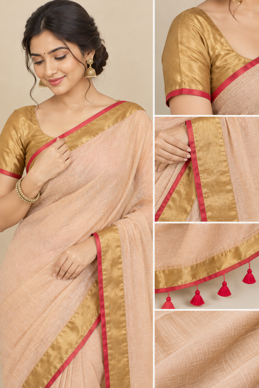 Peach Beige Cotton Saree with Golden Zari Border & Red Tassel Detailing