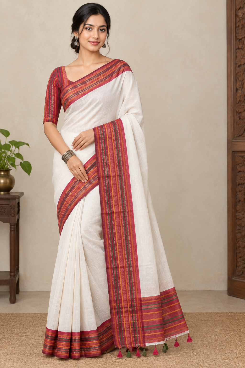 Off-White Cotton Saree with Multicolor Traditional Border & Tassel Pallu