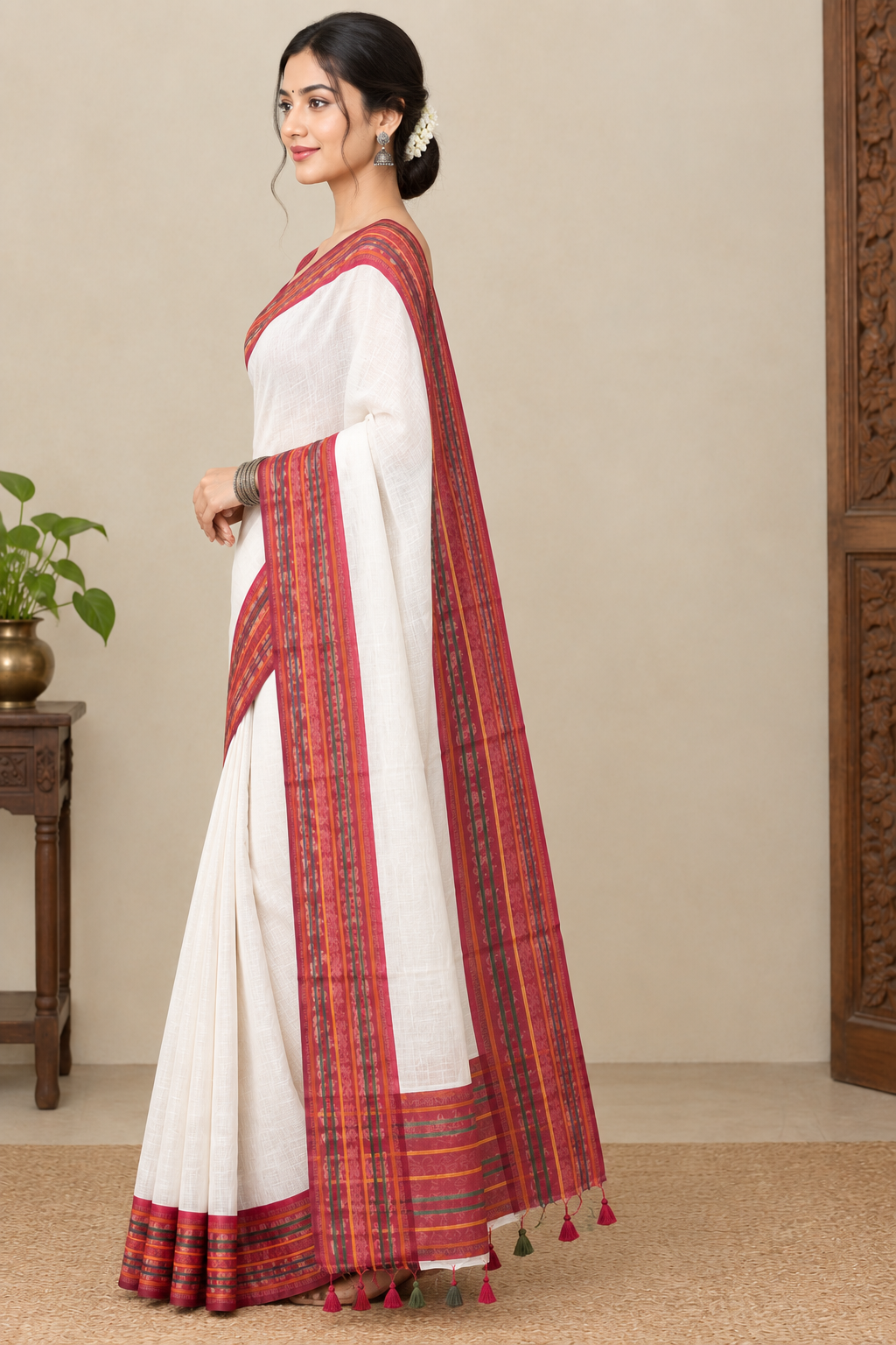 Off-White Cotton Saree with Multicolor Traditional Border & Tassel Pallu