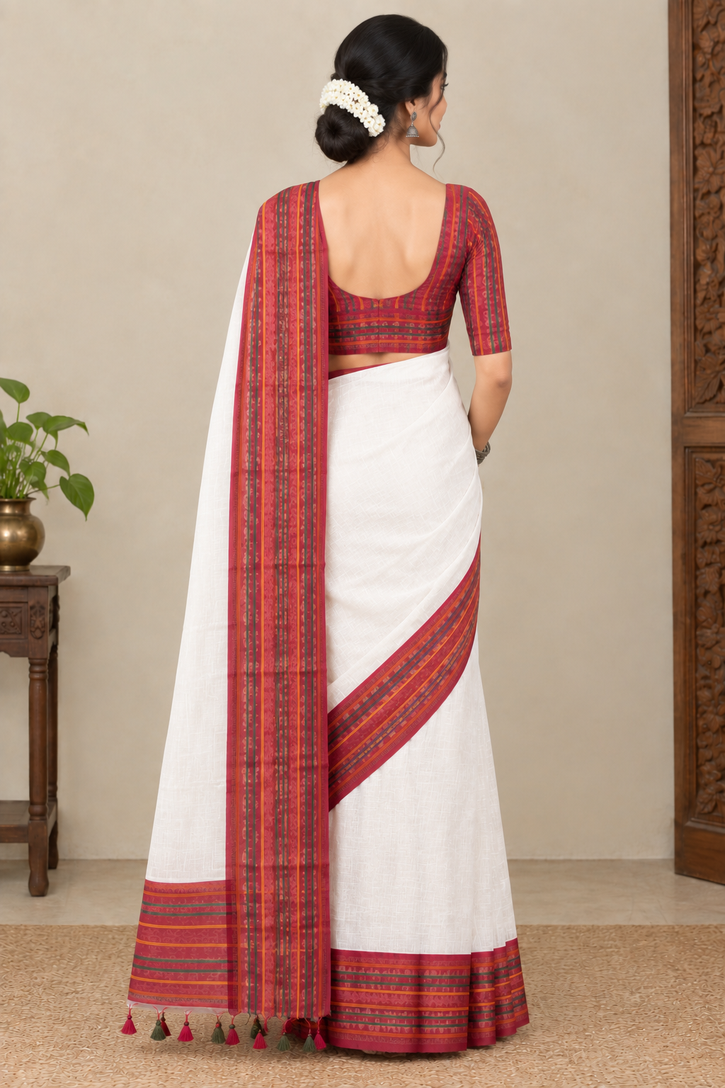 Off-White Cotton Saree with Multicolor Traditional Border & Tassel Pallu