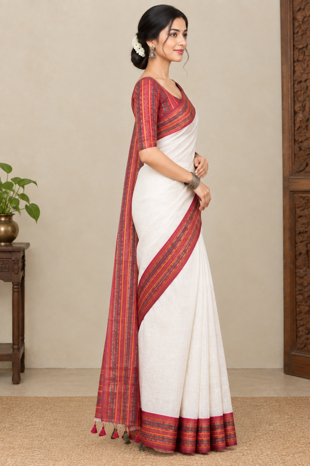 Off-White Cotton Saree with Multicolor Traditional Border & Tassel Pallu