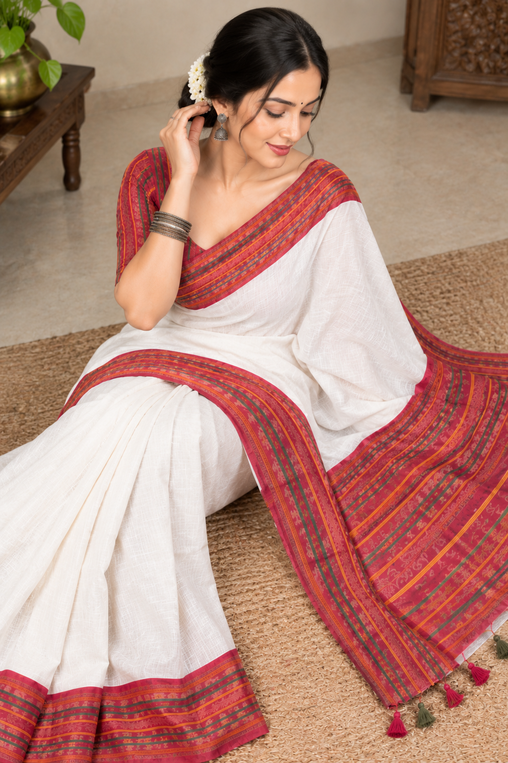 Off-White Cotton Saree with Multicolor Traditional Border & Tassel Pallu