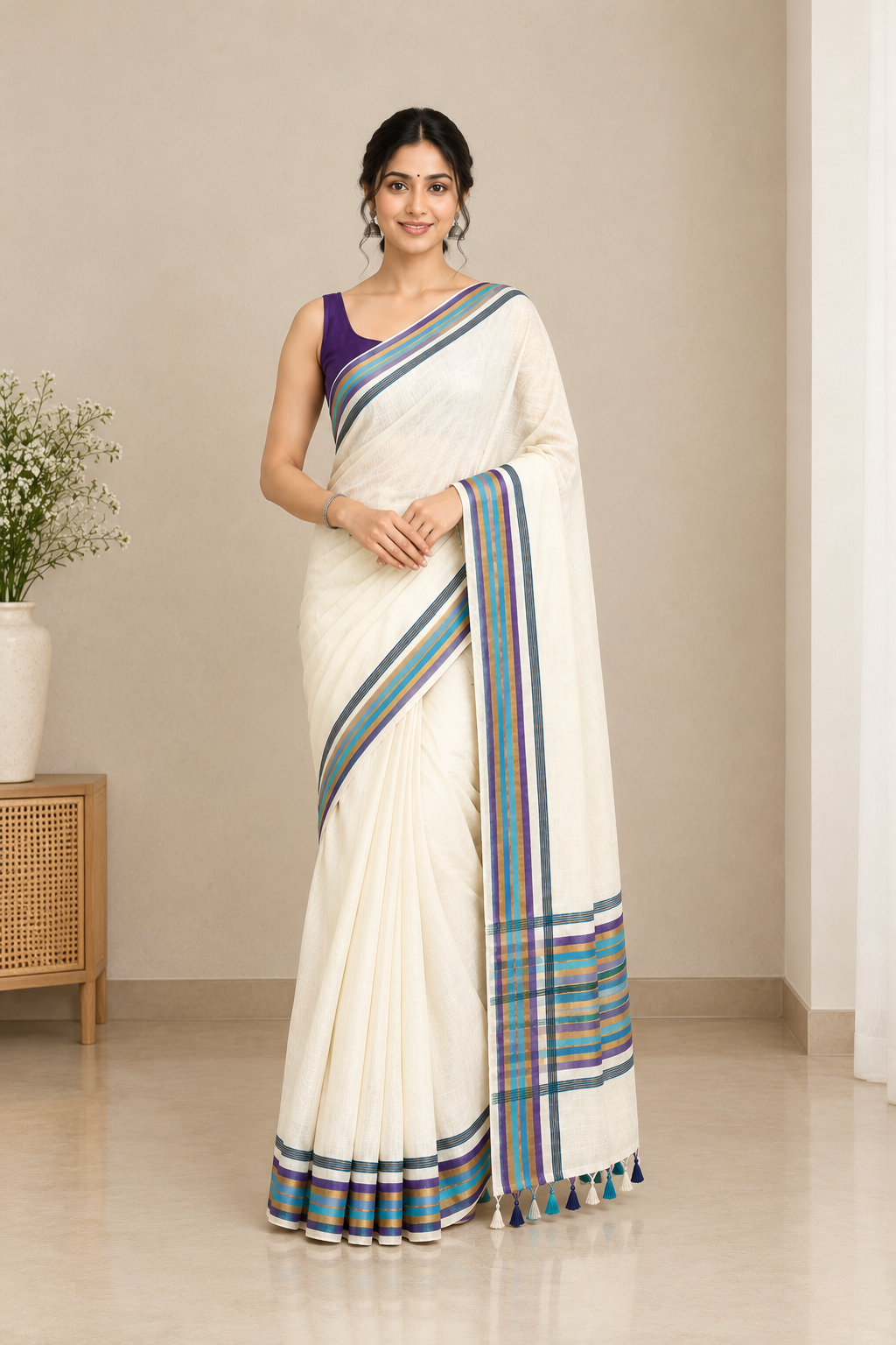 Ivory White Cotton Saree with Multicolor Striped Border & Tassel Pallu