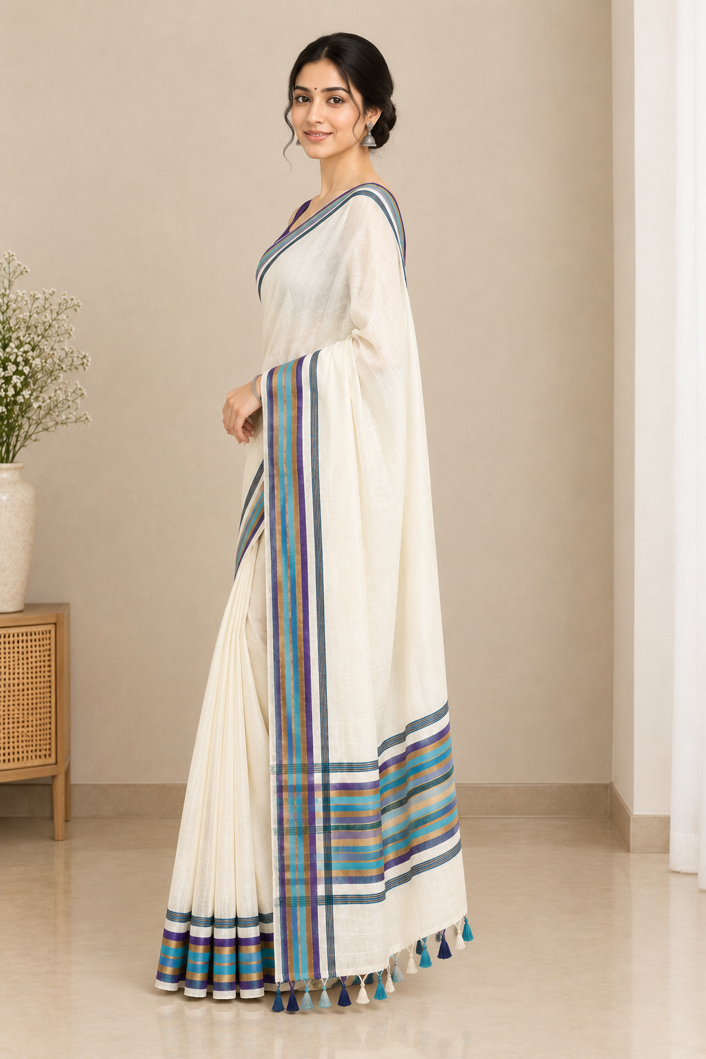 Ivory White Cotton Saree with Multicolor Striped Border & Tassel Pallu