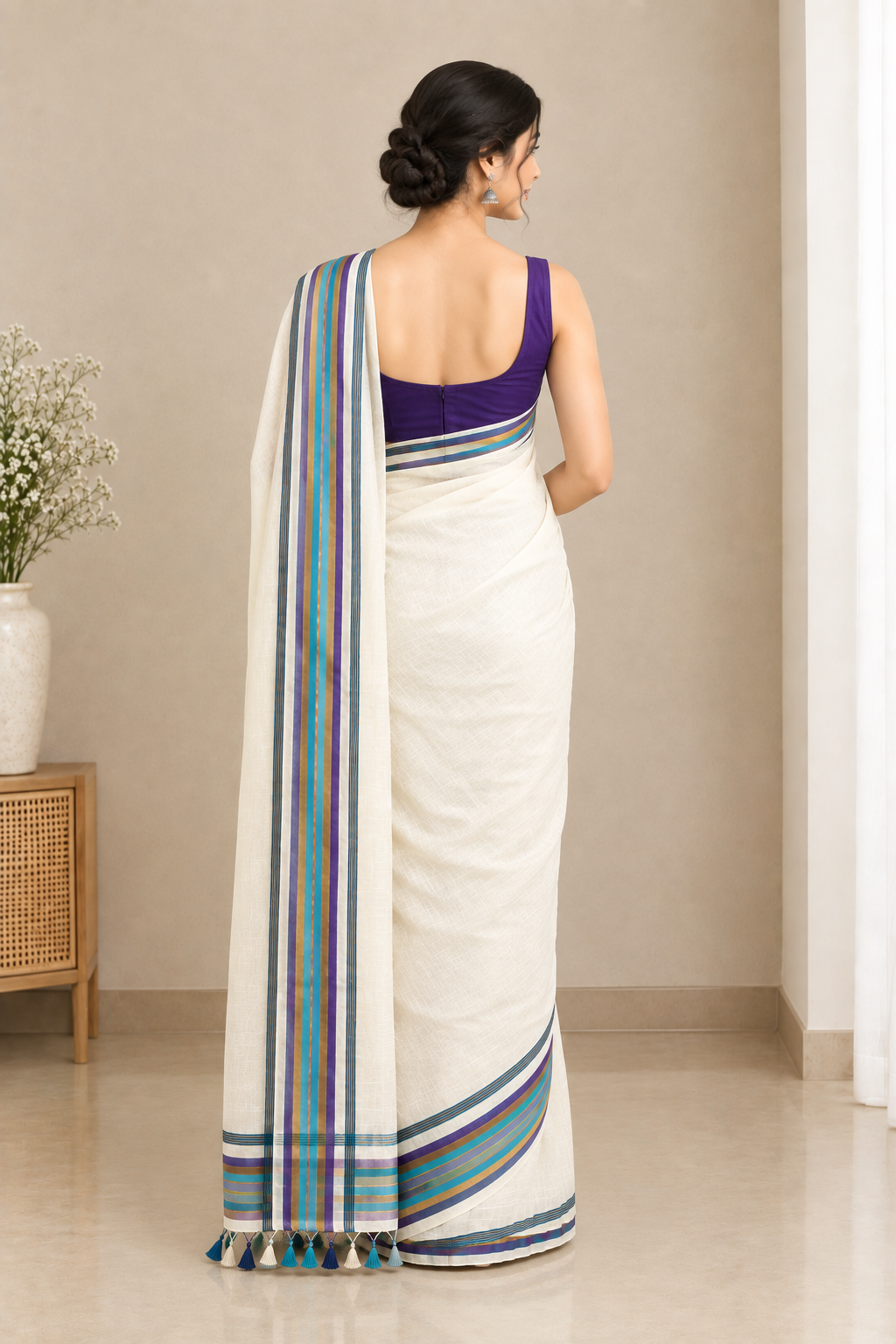 Ivory White Cotton Saree with Multicolor Striped Border & Tassel Pallu