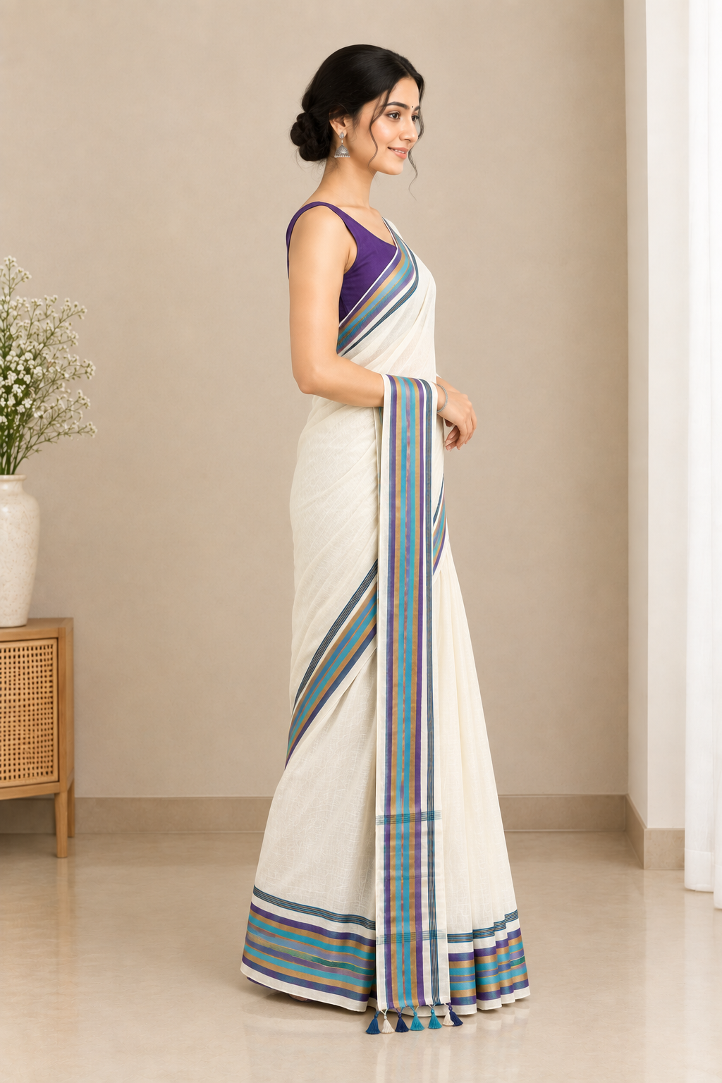 Ivory White Cotton Saree with Multicolor Striped Border & Tassel Pallu
