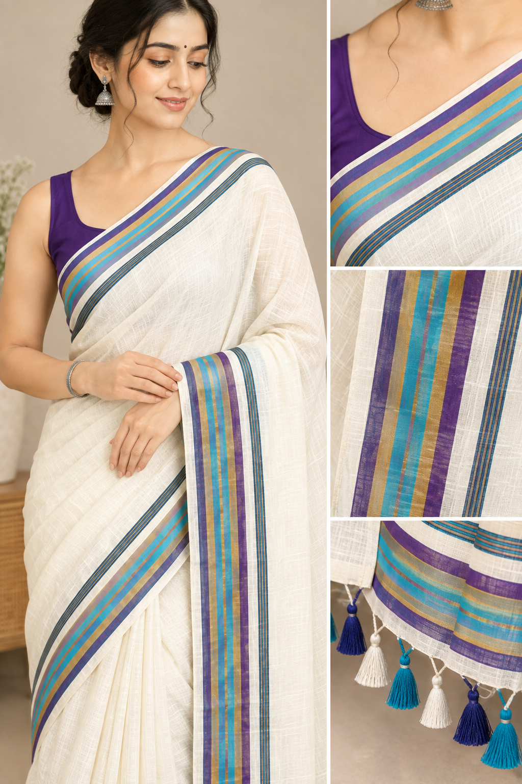 Ivory White Cotton Saree with Multicolor Striped Border & Tassel Pallu