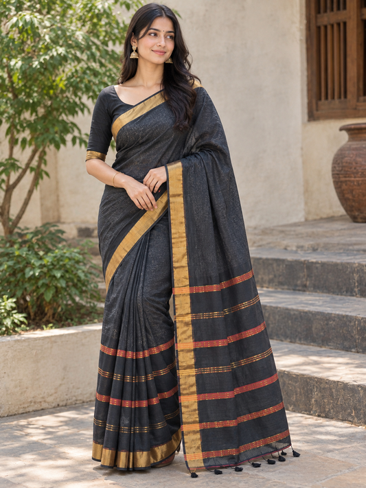Black Cotton Saree with Antique Gold Border, Red Stripes & Tassel Pallu