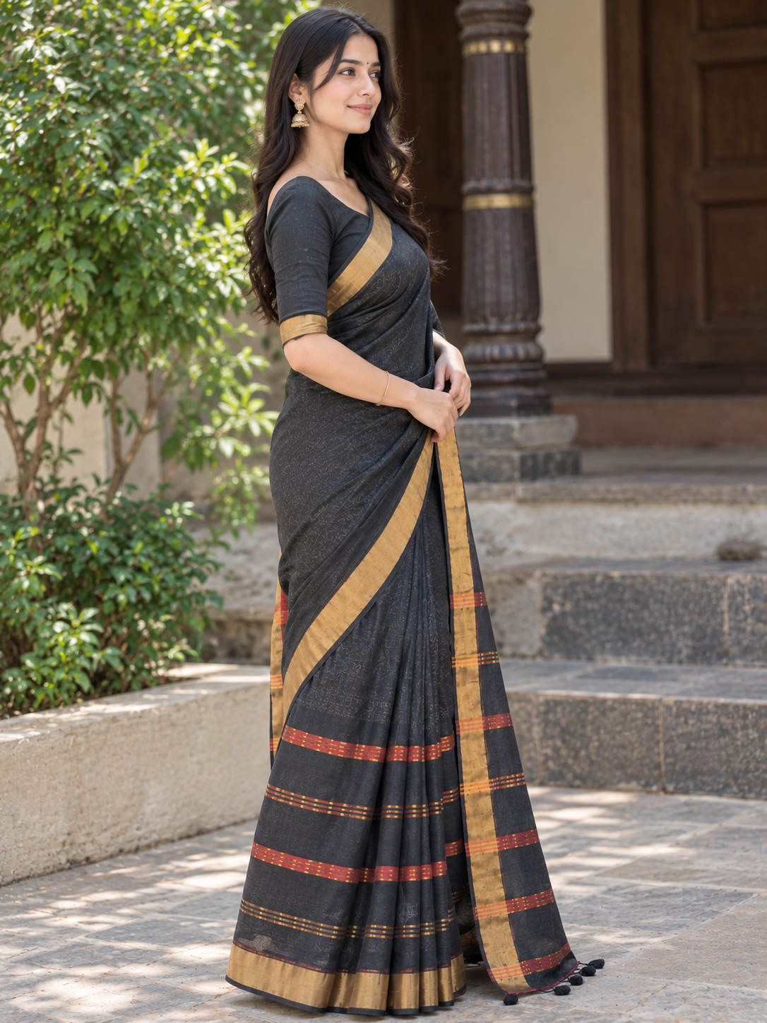 Black Cotton Saree with Antique Gold Border, Red Stripes & Tassel Pallu