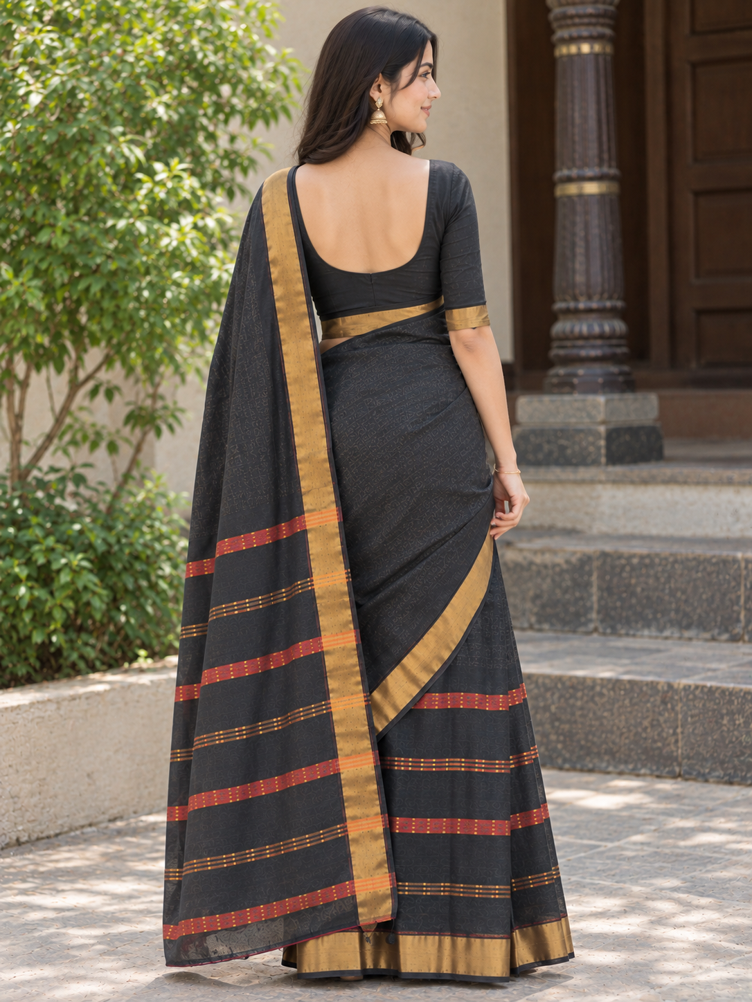 Black Cotton Saree with Antique Gold Border, Red Stripes & Tassel Pallu