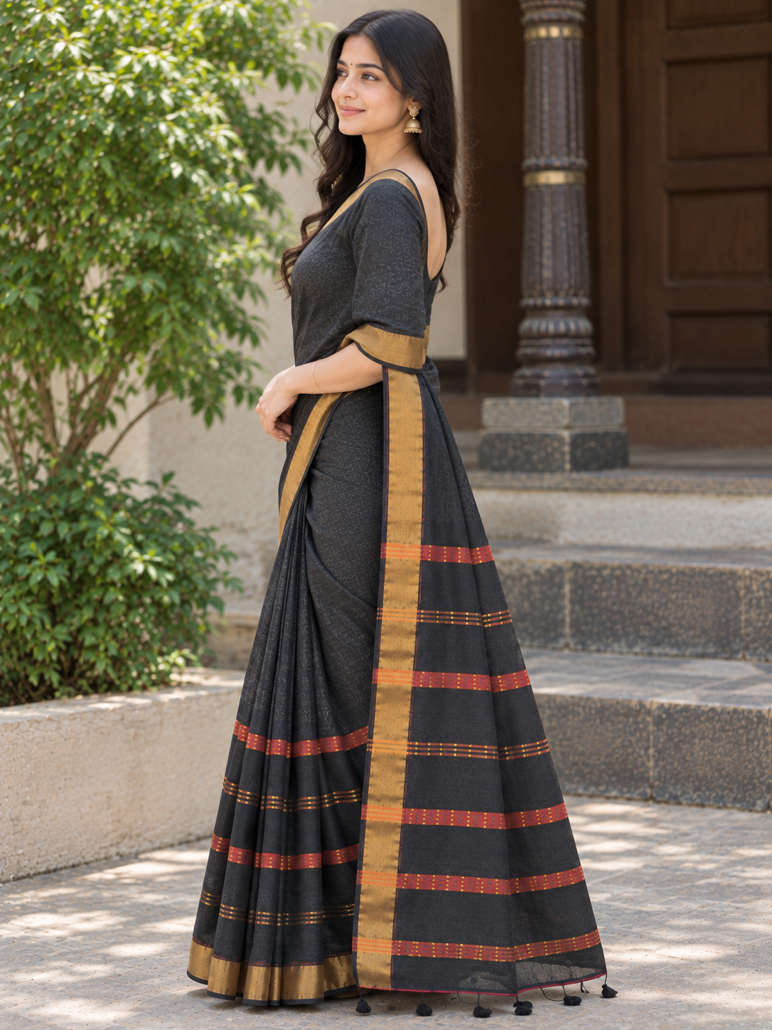 Black Cotton Saree with Antique Gold Border, Red Stripes & Tassel Pallu