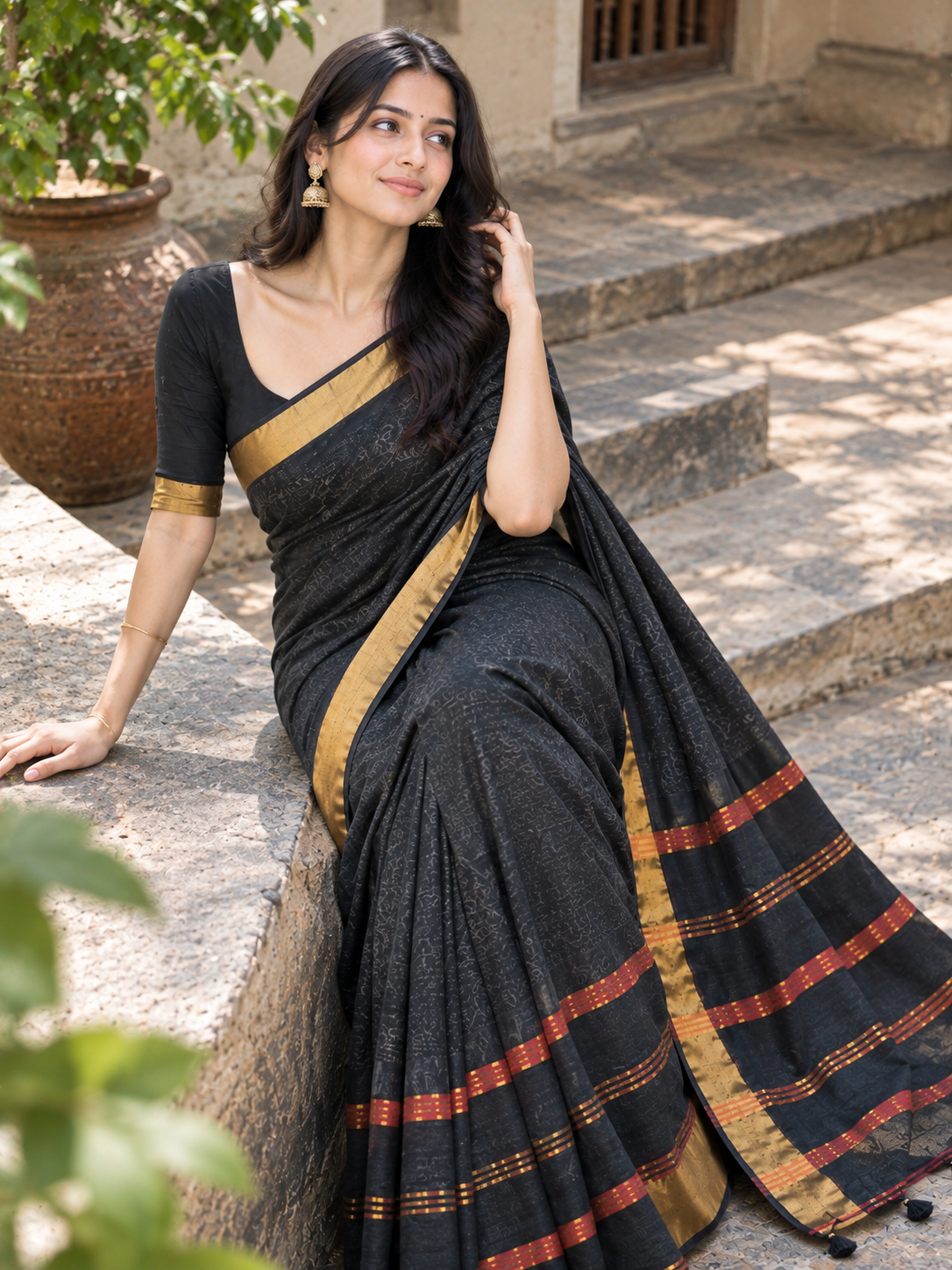 Black Cotton Saree with Antique Gold Border, Red Stripes & Tassel Pallu