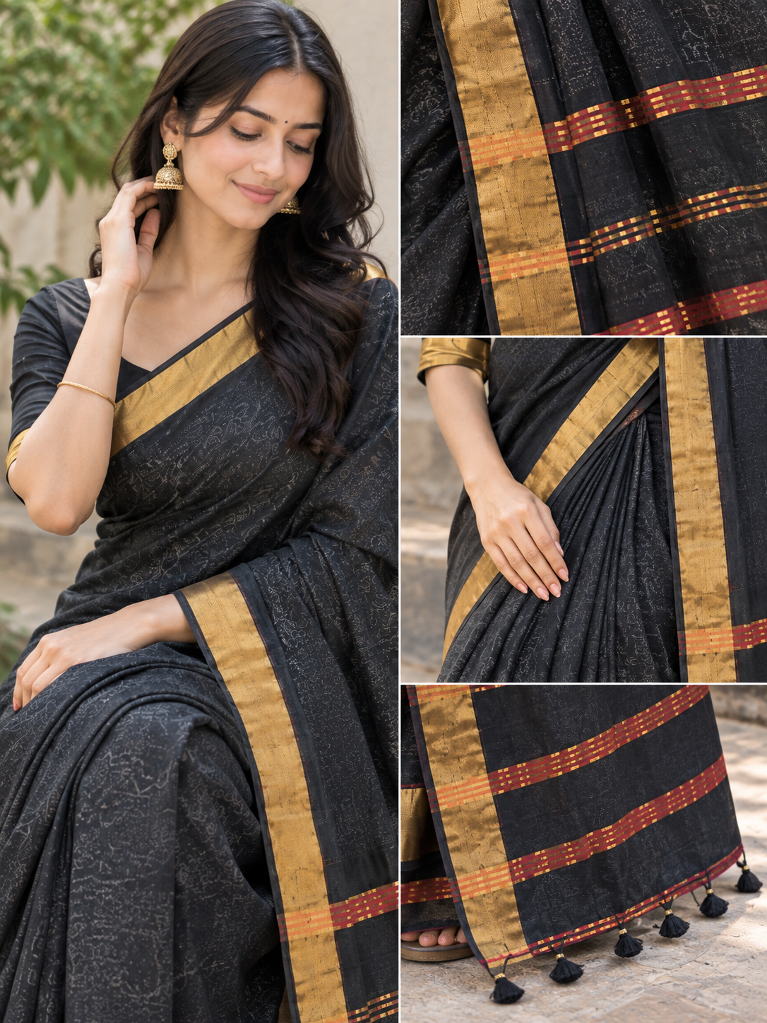 Black Cotton Saree with Antique Gold Border, Red Stripes & Tassel Pallu