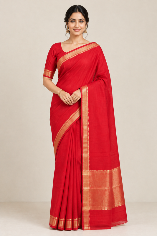Red Cotton Saree with Antique Gold Zari Border & Traditional Pallu