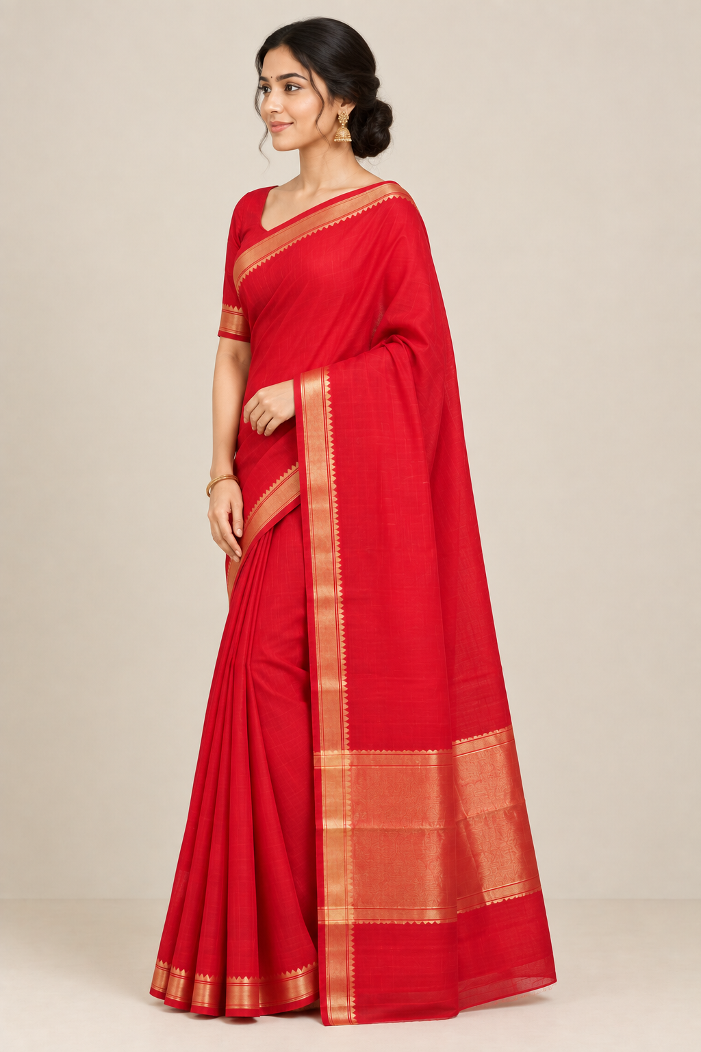 Red Cotton Saree with Antique Gold Zari Border & Traditional Pallu