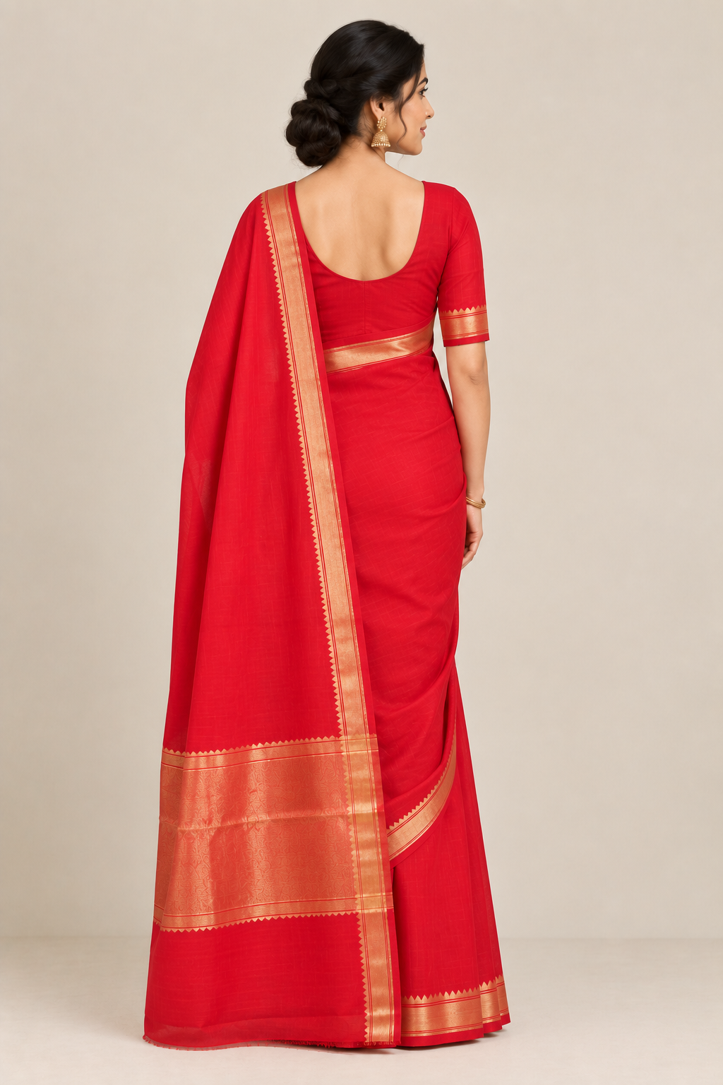 Red Cotton Saree with Antique Gold Zari Border & Traditional Pallu