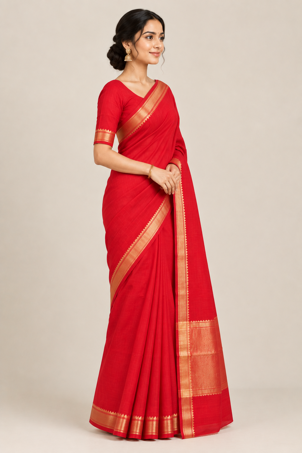 Red Cotton Saree with Antique Gold Zari Border & Traditional Pallu