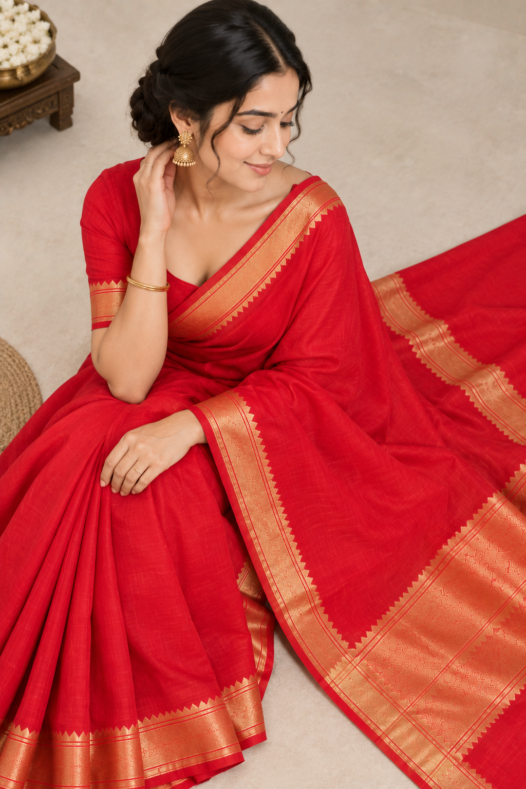 Red Cotton Saree with Antique Gold Zari Border & Traditional Pallu