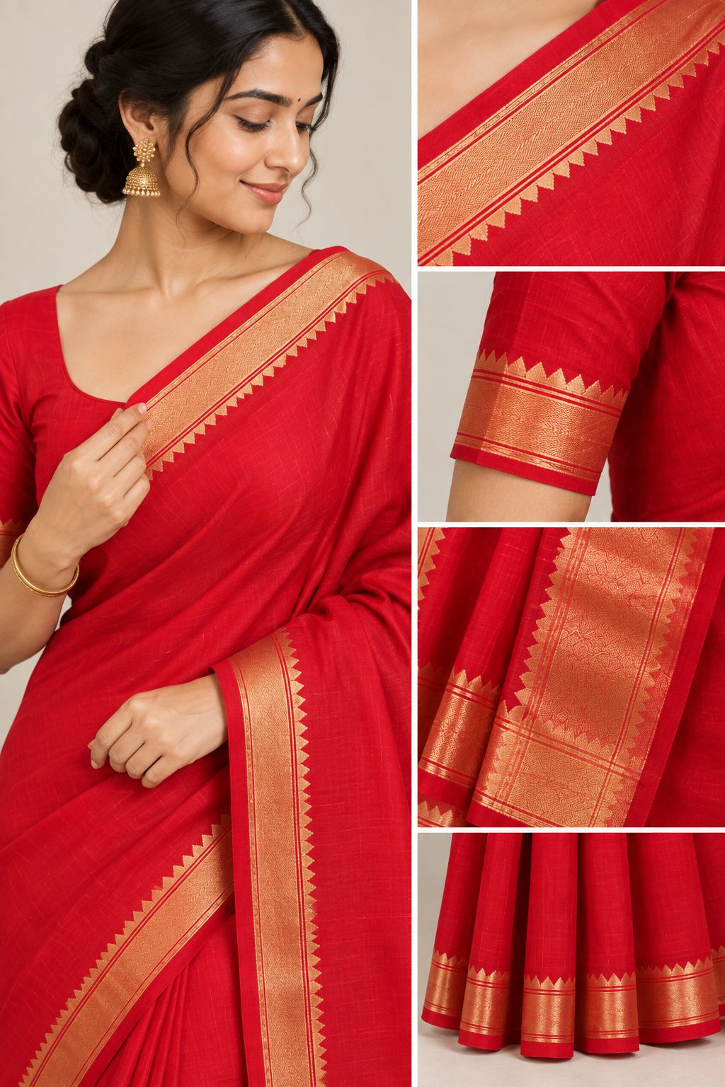 Red Cotton Saree with Antique Gold Zari Border & Traditional Pallu