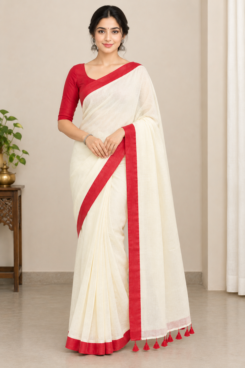 Cream & Red Handloom-Style Cotton Saree with Red Border & Tassel Pallu
