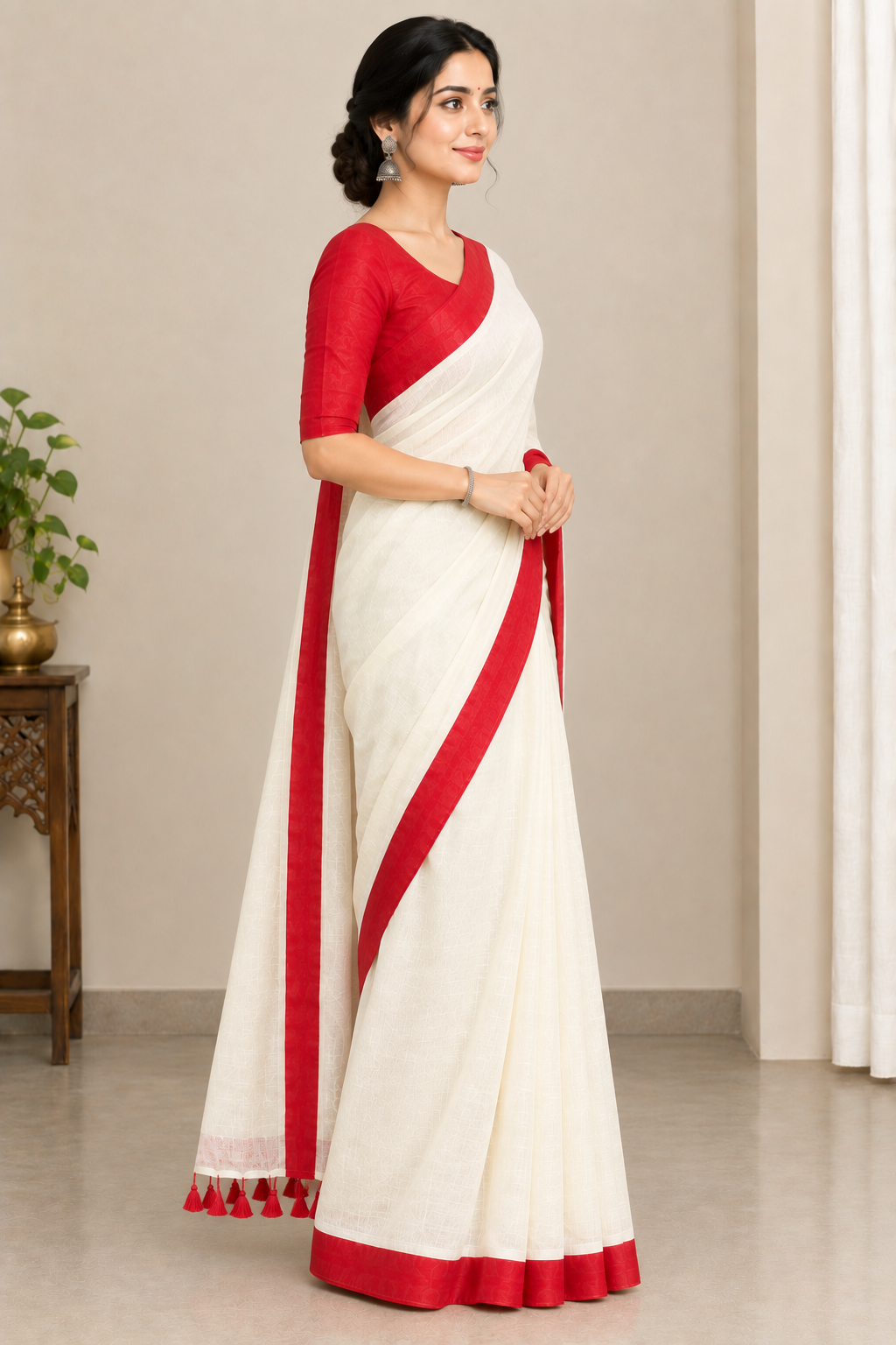Cream & Red Handloom-Style Cotton Saree with Red Border & Tassel Pallu