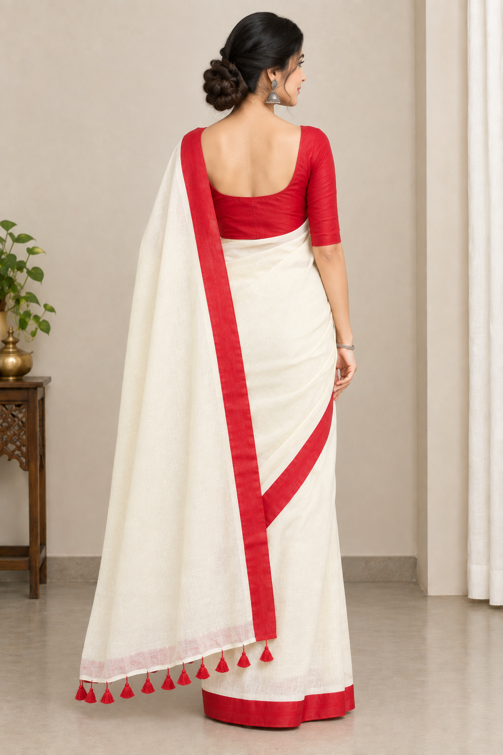 Cream & Red Handloom-Style Cotton Saree with Red Border & Tassel Pallu