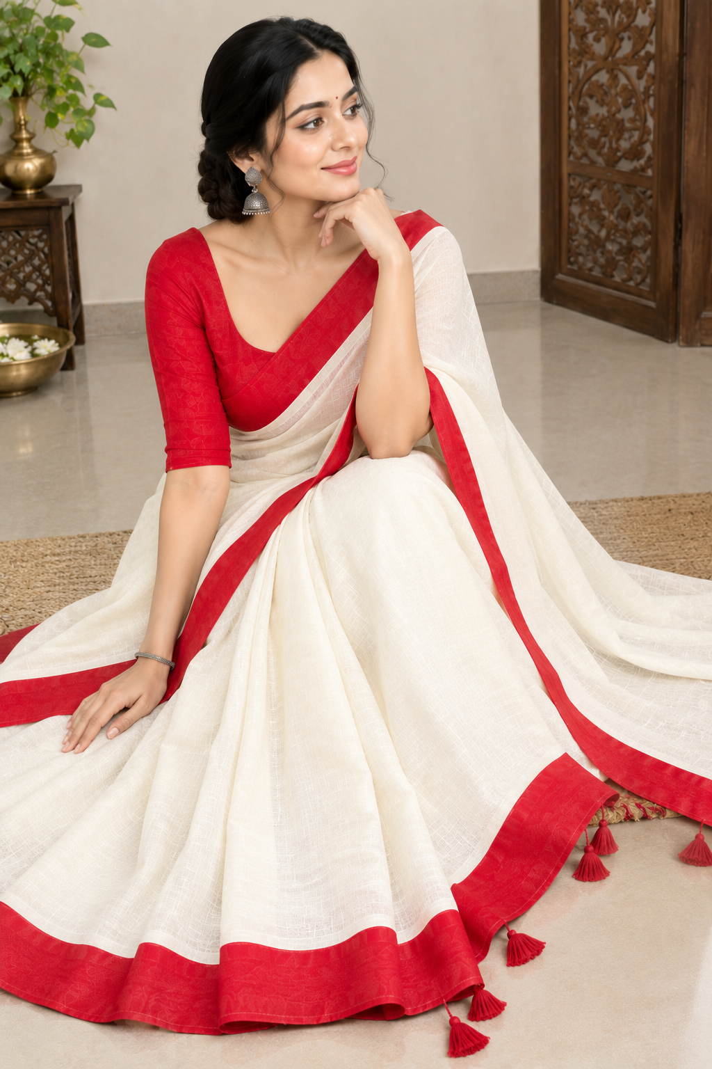 Cream & Red Handloom-Style Cotton Saree with Red Border & Tassel Pallu