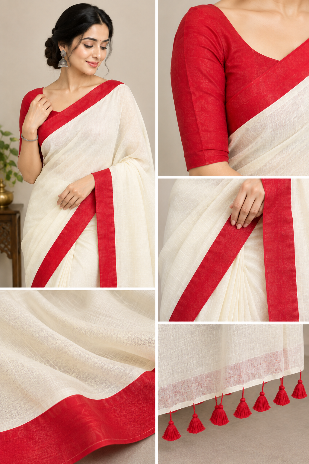 Cream & Red Handloom-Style Cotton Saree with Red Border & Tassel Pallu