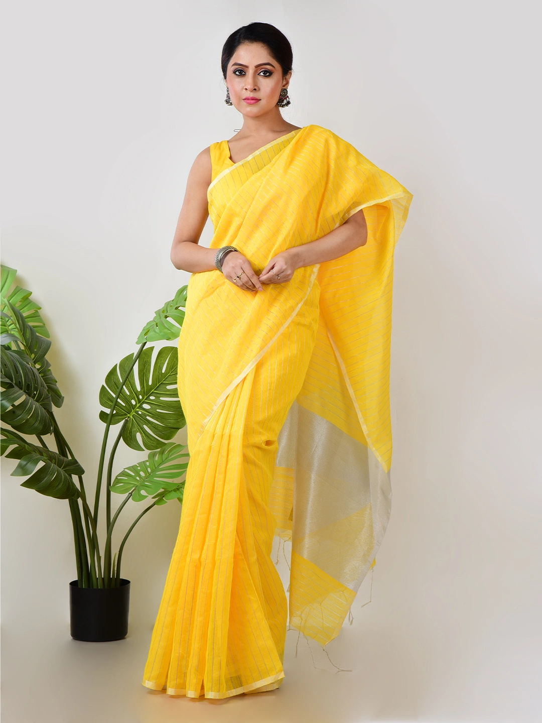 Apsara Aabha | Yellow Handloom Linen Saree with White Zari Stripe